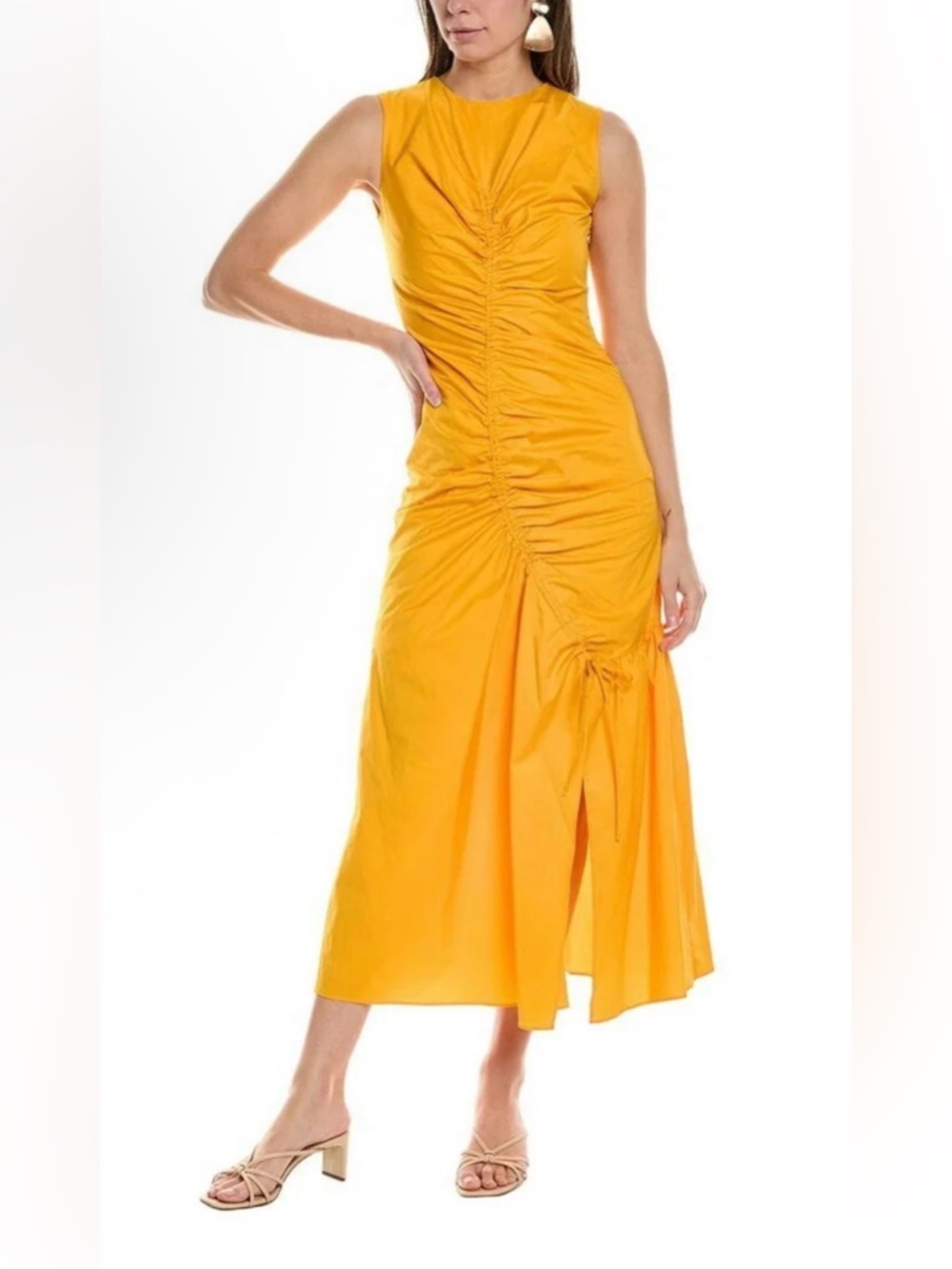 Sandro Sleeveless Ruched Midi Dress in Mustard